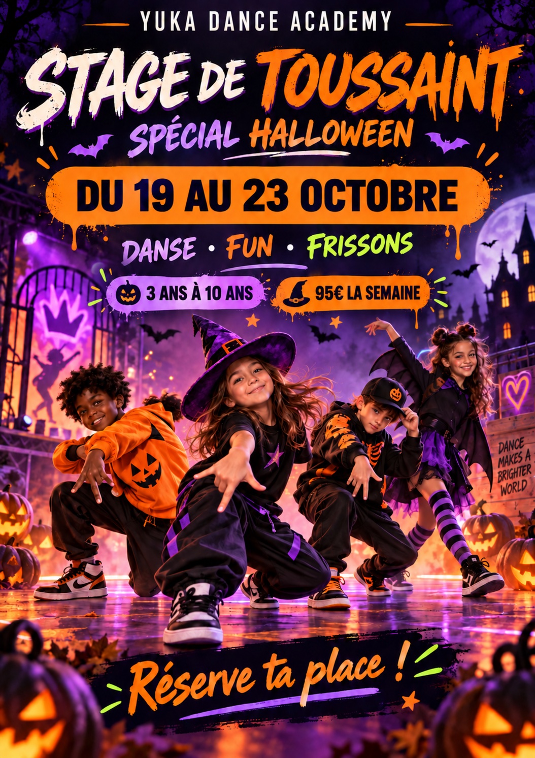 Affiche du Stage de Toussaint Spécial Halloween - danse, fun et frissons pour les enfants de 3 à 10 ans, du lundi 19 au vendredi 23 octobre 2026, Yuka Dance Academy Charleroi